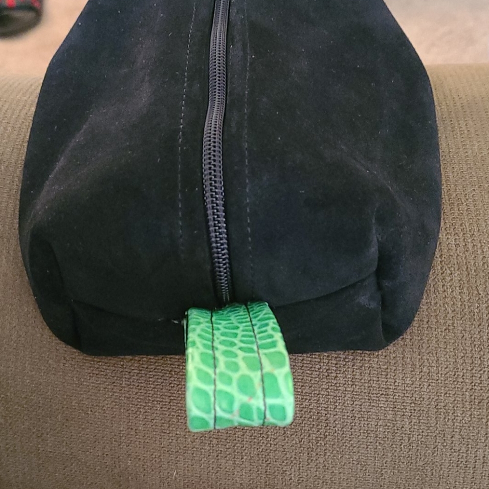 Black suede travel pouch with faux crocodile
